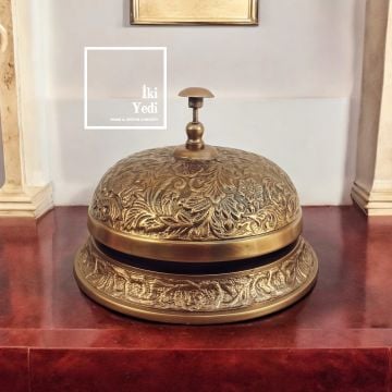 Gervinho Döküm Pirinç Zil Kabartmalı Resepsiyon Zili Masa Üstü Çan Antika Tasarım Karşılama Banko Desk Otel Cafe Spa Ofis Büro Sekreter