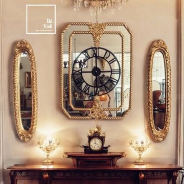 Sacha Üçlü Varaklı Ayna Saat Takımı – Altın Detaylı Lüks Salon Antre Duvar Dekorasyonu Seti