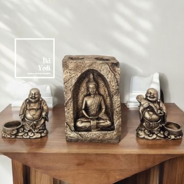 Buda Figürlü 3'lü Mumluk Seti, Meditasyon Temalı Dekoratif Obje, Ev Hediyesi Biblo 77-2