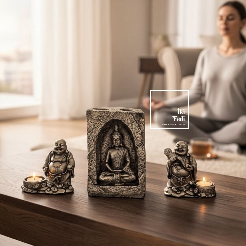 Gülümseyen Karma Seti Buda Figürlü 3’lü Mumluk Takımı Dekoratif Zen Atmosferi Masa Salon Aksesuarı