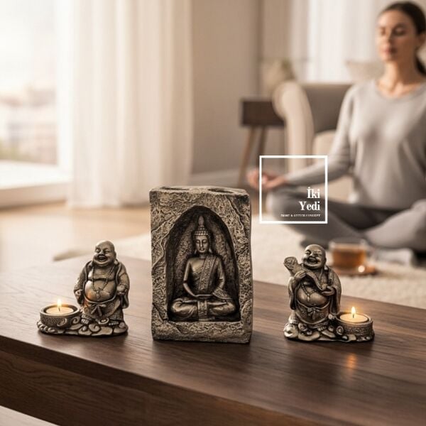 Gülümseyen Karma Seti Buda Figürlü 3’lü Mumluk Takımı Dekoratif Zen Atmosferi Masa Salon Aksesuarı