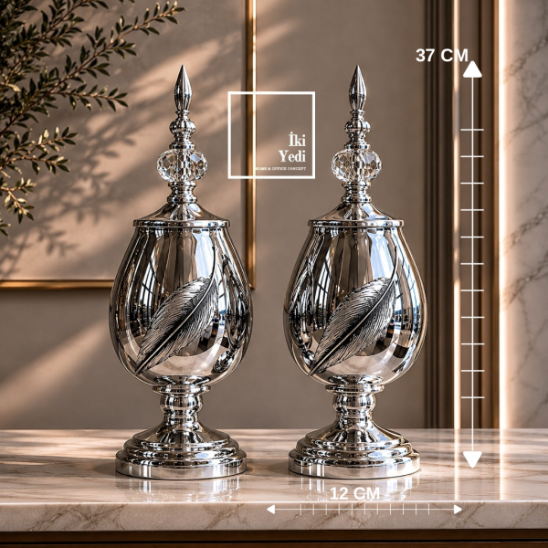 Tenerife Gümüş 772 Kristal Boğumlu Yaprak Desenli Lüks Küp Seti (2'li) Ev Hediyesi Dekoratif Kase