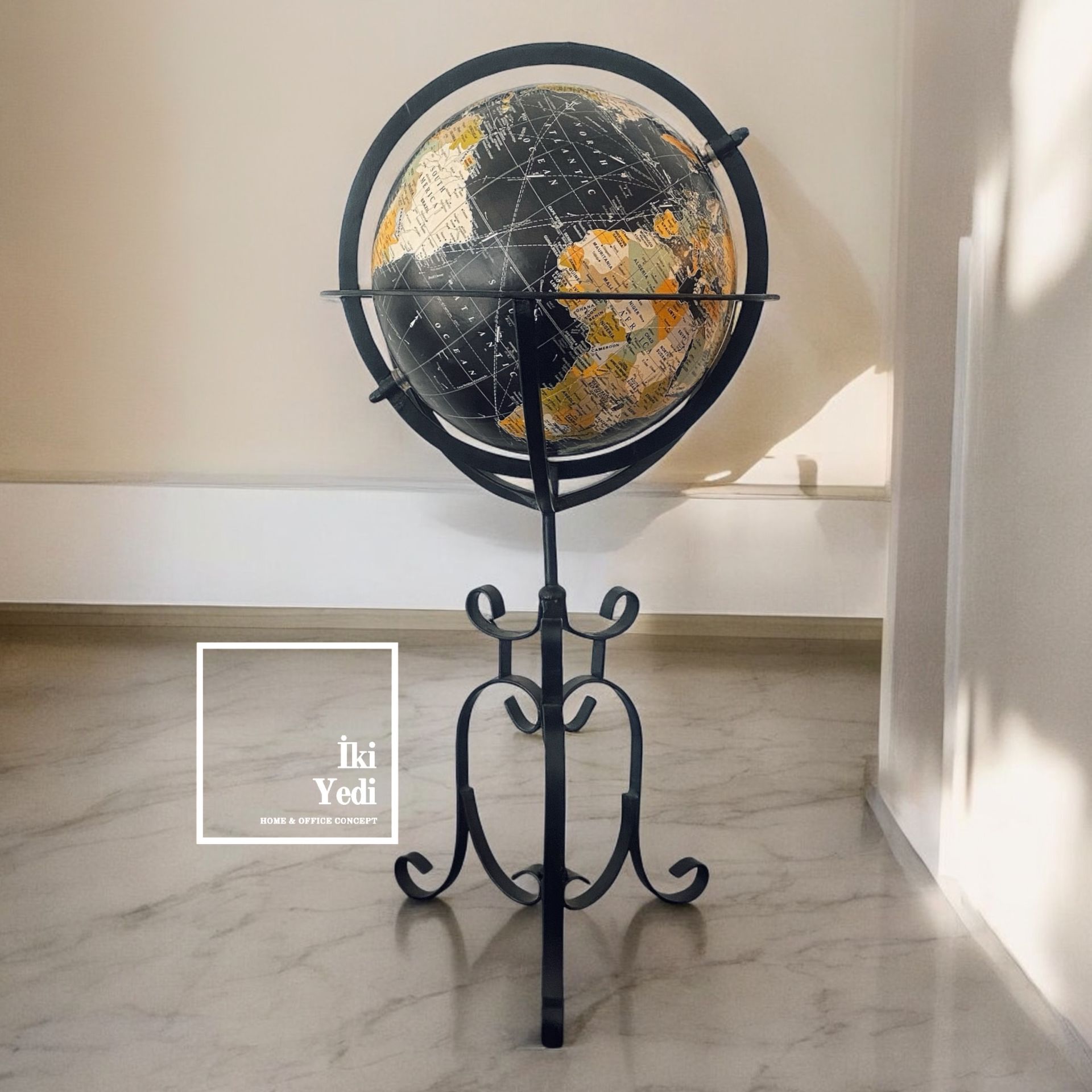 Konate Ferforje Metal Siyah Dünya Küresi, 55 cm Büyük Yerküre, Ofis Dekoratif Hediyelik Obje