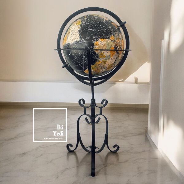 Konate Ferforje Metal Siyah Dünya Küresi, 55 cm Büyük Yerküre, Ofis Dekoratif Hediyelik Obje