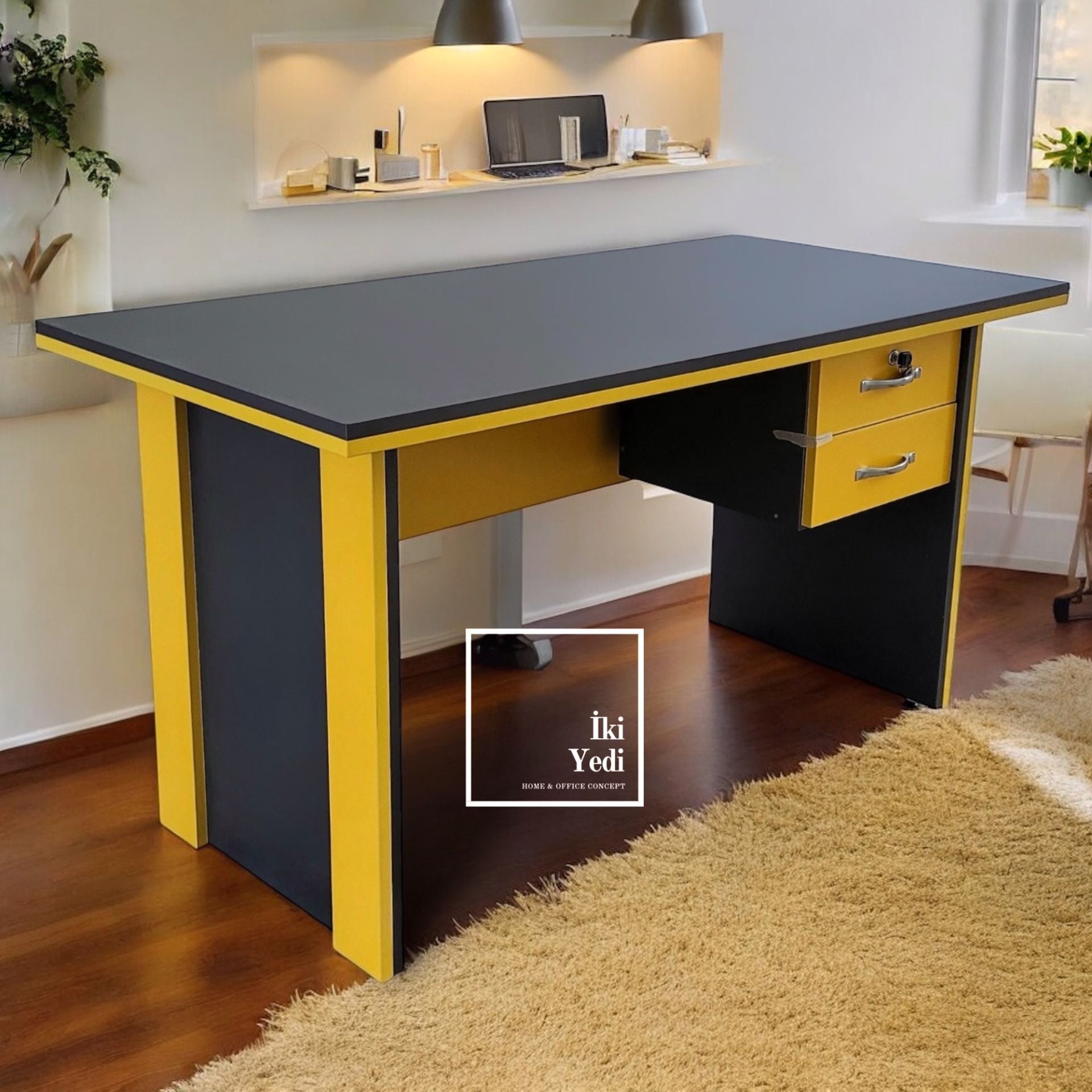 Meritant 140 cm 36 mm Sarı Antrasit Gri Kilitli Çekmeceli Ofis Çalışma Masası Büro Yönetici Masa Modelleri Büro Mobilyası Ofis Mobilyaları