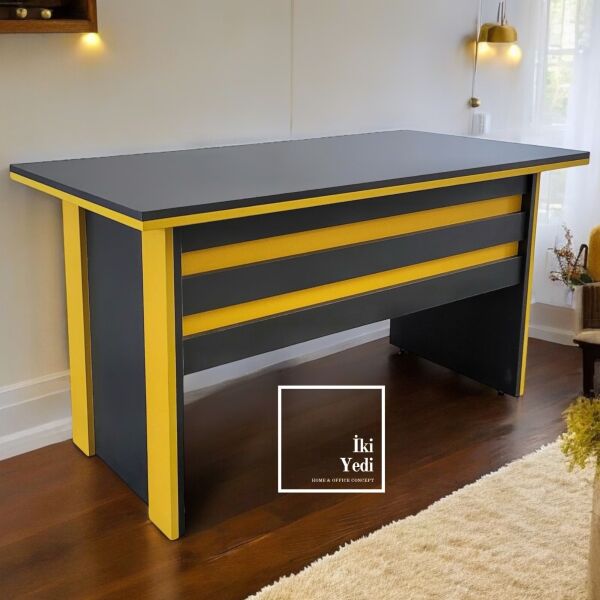 Meritant 140 cm 36 mm Sarı Antrasit Gri Kilitli Çekmeceli Ofis Çalışma Masası Büro Yönetici Masa Modelleri Büro Mobilyası Ofis Mobilyaları