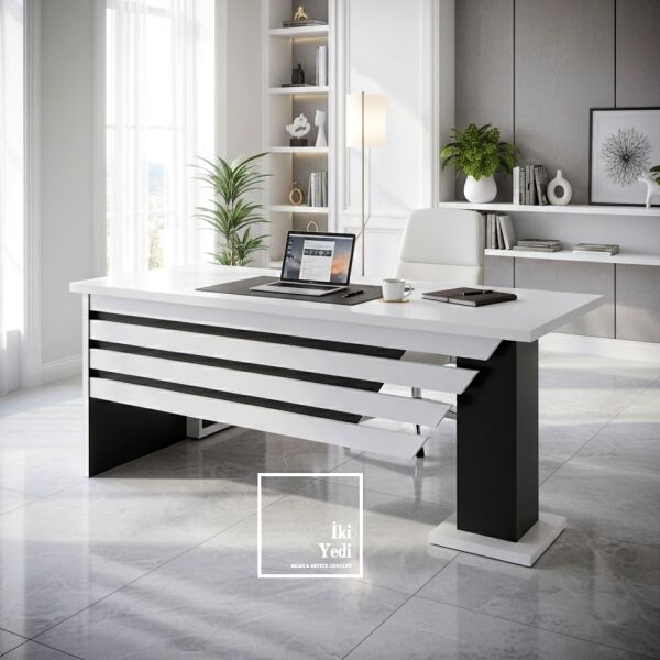 Hausser Siyah Beyaz 180 cm Çalışma Masası Modern Makam Yönetici Ofis Masa Modeller Büro Mobilyaları