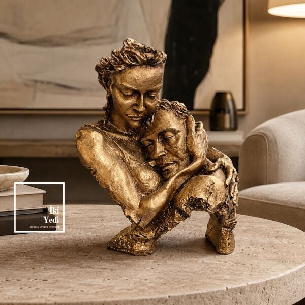 Vaelo Eskitme Altın Dokulu Sanatsal Tasarım Çift Figürü Dekoratif Büyük Biblo 33x26 cm Romantik Aşk