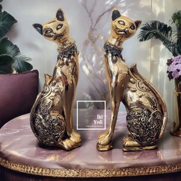 Genoves 2'li Kedi Biblo Seti Gold Dekoratif Obje Takımı Hayvansever Dekorasyon Ev İş Ofis Hediyesi