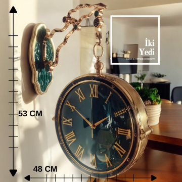 Rennes Gold Metal Yan Duvar Saati Çift Taraflı İstasyon Saat Ev Ofis Lüks Dekoratif Obje