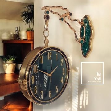 Rennes Gold Metal Yan Duvar Saati Çift Taraflı İstasyon Saat Ev Ofis Lüks Dekoratif Obje
