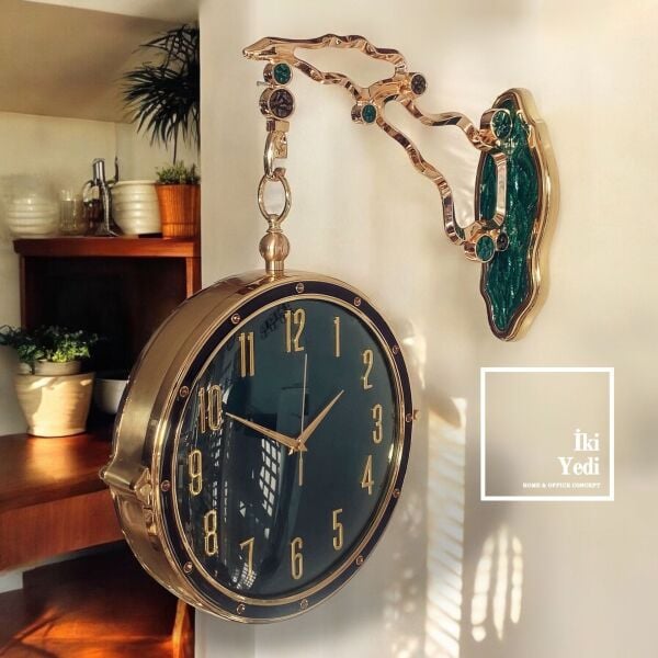 Rennes Gold Metal Yan Duvar Saati Çift Taraflı İstasyon Saat Ev Ofis Lüks Dekoratif Obje