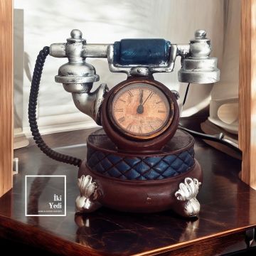 Savario Nostaljik Telefon Görünümlü Kumbara Özellikli Masa Saati Antika Tasarım Ofis Hediyesi Hediyelik Eşya Obje Ev İş
