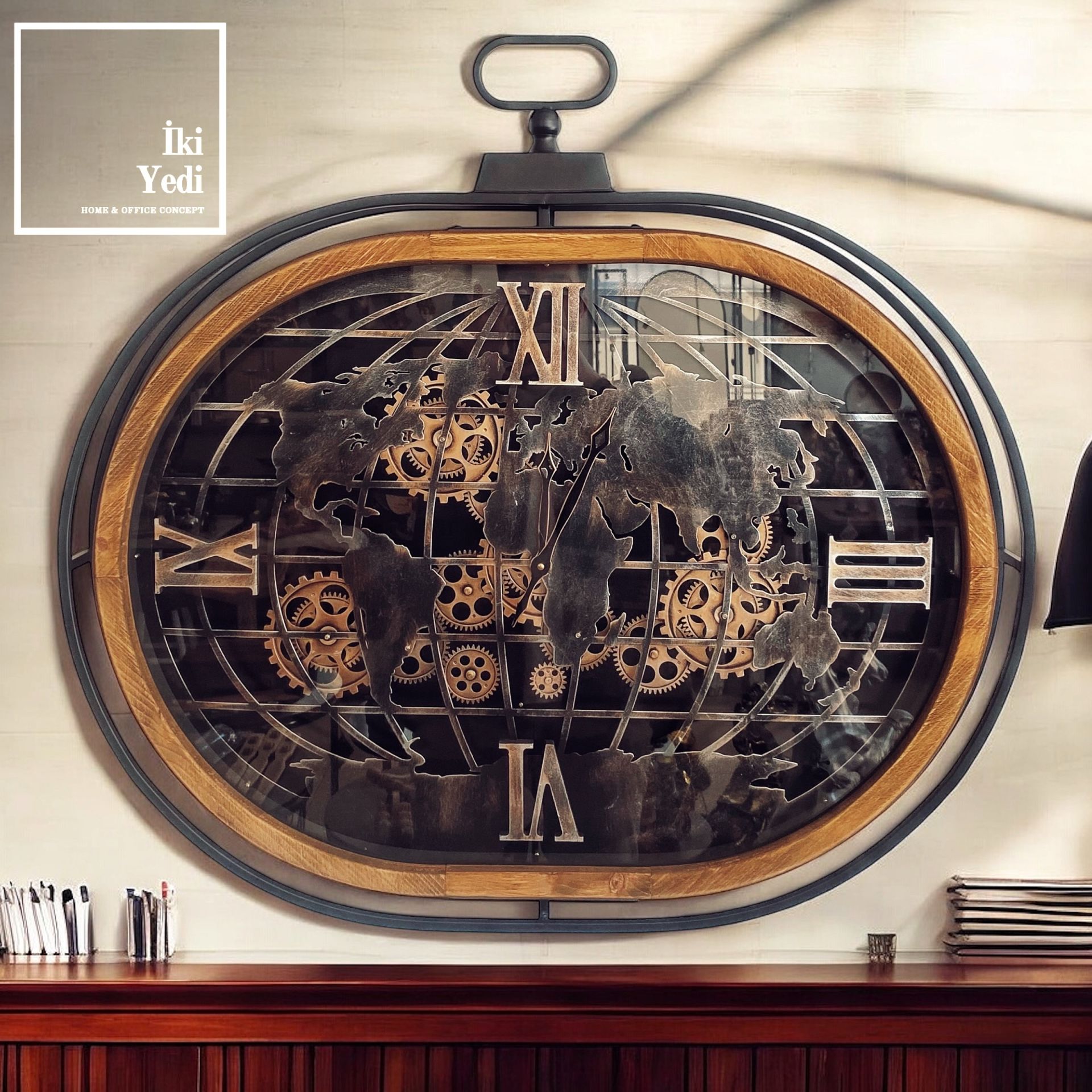 Doncaster 86 cm Ayaklı Çarklı Saat, Ahşap Metal Dünya Haritalı Mekanik Saat, Lüks Ev Ofis Hediyesi