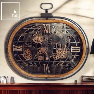 Doncaster 86 cm Ayaklı Çarklı Saat, Ahşap Metal Dünya Haritalı Mekanik Saat, Lüks Ev Ofis Hediyesi