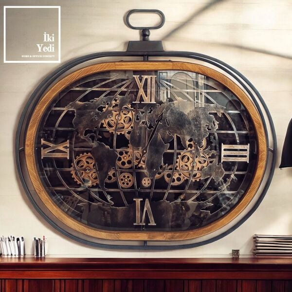 Doncaster 86 cm Ayaklı Çarklı Saat, Ahşap Metal Dünya Haritalı Mekanik Saat, Lüks Ev Ofis Hediyesi
