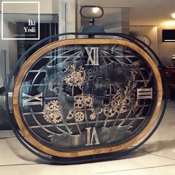 Doncaster 86 cm Dev Ahşap & Metal Döner Çarklı Saat Ayaklı Yer Tipi Dünya Haritalı Saat Duvar Saati İthal Mekanik Ofis Ev Hediyesi Lüks Hediyelik Dekorasyon Ürünleri