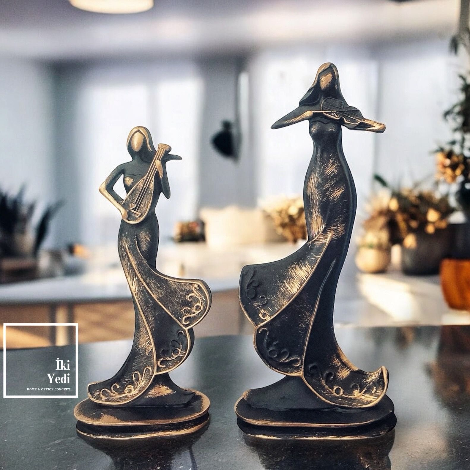 Cirila 77-2 İkili Müzisyen Kadın Biblo Seti Müzik Dans Dekoratif Obje Ev Hediyesi Ofis Modern Eşya