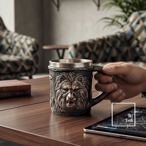Tharn Aslan Başlı Özel Tasarım Kupa 3D Kabartmalı Paslanmaz Çelik Kupa Bardak Ev İş Ofis Hediyesi