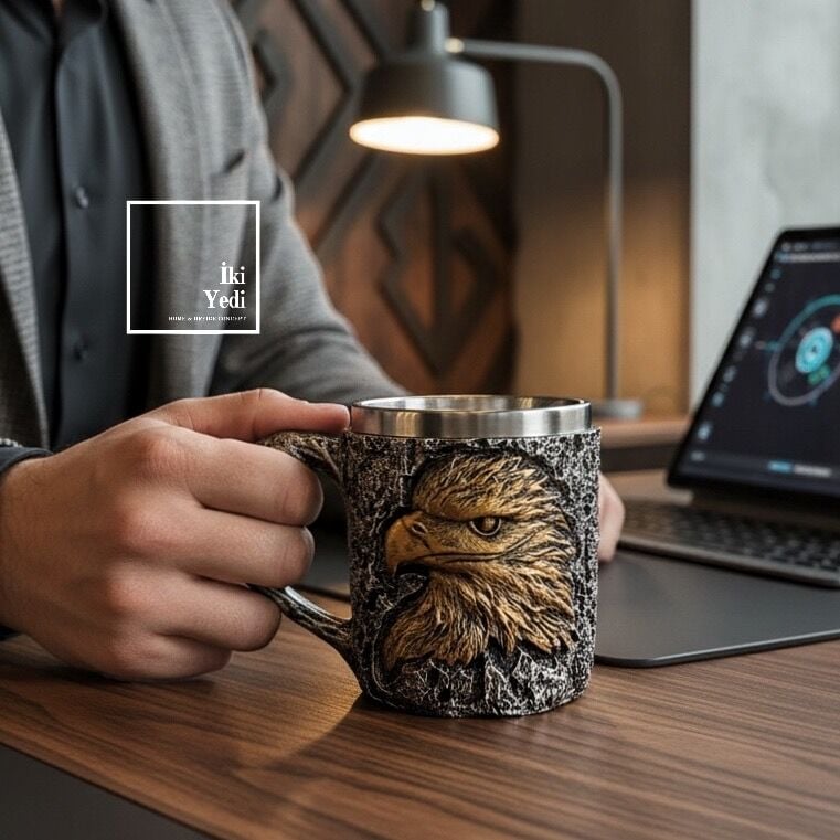 Glanzor Kartal Kupa Bardak Paslanmaz Çelik 3D Kabartmalı Hediyelik Ofis Kupası Rölyef Tasarım Mug