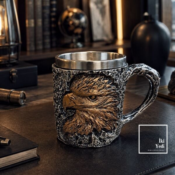 Glanzor Kartal Kupa Bardak Paslanmaz Çelik 3D Kabartmalı Hediyelik Ofis Kupası Rölyef Tasarım Mug