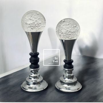Bonnard 2'li Cam Küreli Metal Obje, Modern Dekoratif Süs Eşyası, Krom Gri Ev Ofis Hediyesi