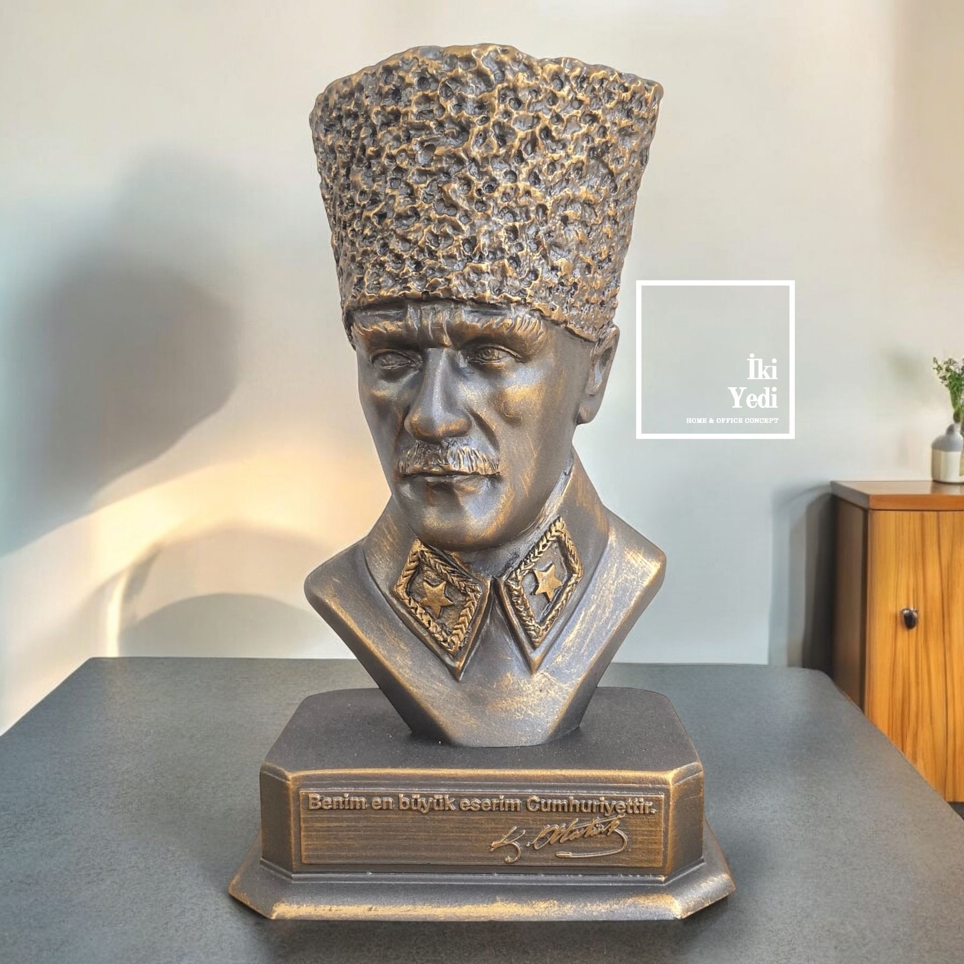 Gri Eskitme Kalpaklı Mustafa Kemal Atatürk Büst Heykeli Ofis Hediyesi Ev Dekor Yeni İş Hediyesi