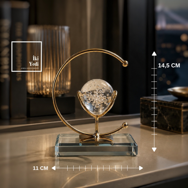 Hilal Gold Metal Masaüstü Objesi Kristal Cam Küreli Modern Ev Ofis Dekorasyonu 14.5 cm Hediyelik