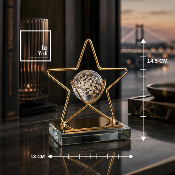 Yıldız Gold Metal Masa Üstü Aksesuar Kristal Küreli Cam Kaideli Hediyelik Obje 14.5 cm Hediyelik