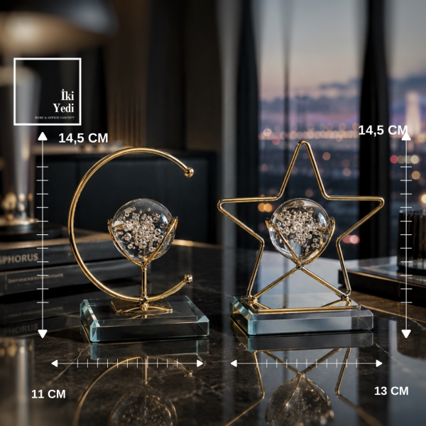 Ay Yıldız Gold Metal Masaüstü Obje Seti Kristal Küreli Cam Kaideli Bayrak Temalı Ev Ofis Hediyesi