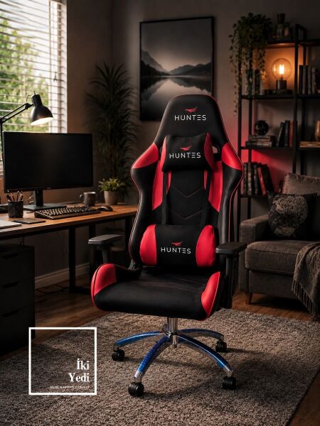Huntes Kırmızı Siyah Oyuncu Koltuğu Gamer Koltuk Poliüretan Ofis Sandalyesi Pilot Model Genç Odası