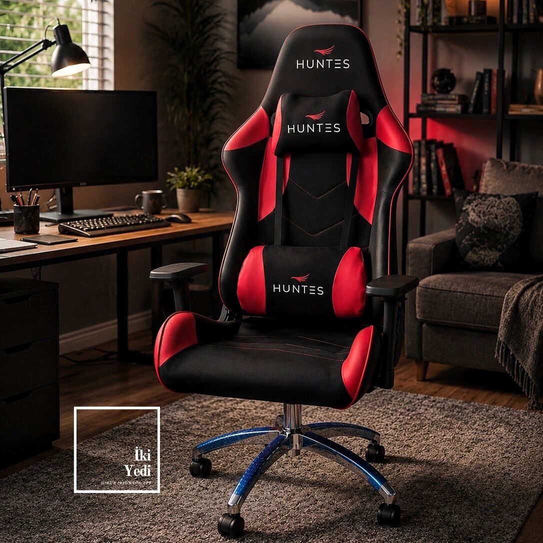 Huntes Kırmızı Siyah Oyuncu Koltuğu Gamer Koltuk Poliüretan Ofis Sandalyesi Pilot Model Genç Odası