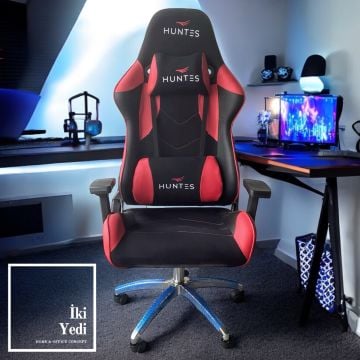 Huntes Kırmızı Siyah Oyuncu Koltuğu Gamer Koltuk Poliüretan Ofis Sandalyesi Pilot Model Makam Tipi Çalışma Büro Genç Odası