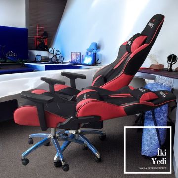 Huntes Kırmızı Siyah Oyuncu Koltuğu Gamer Koltuk Poliüretan Ofis Sandalyesi Pilot Model Makam Tipi Çalışma Büro Genç Odası