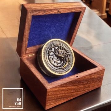 Ejderha Desenli Ahşap Kutulu Antika Pirinç Pusula – Lüks Dekoratif Obje, Ofis Hediyesi