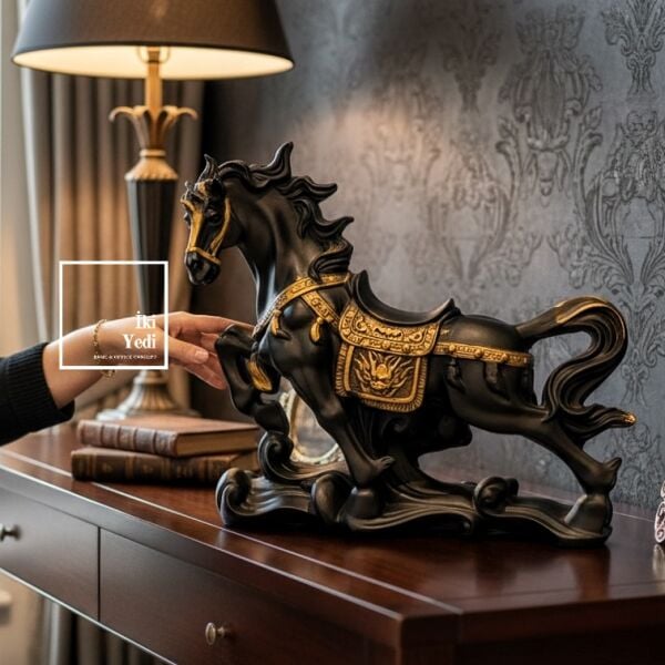Solveng Siyah Gold Dekoratif At Heykeli 36 cm Büyük Boy Modern Salon Ve Ofis Dekor Objesi Hediyelik