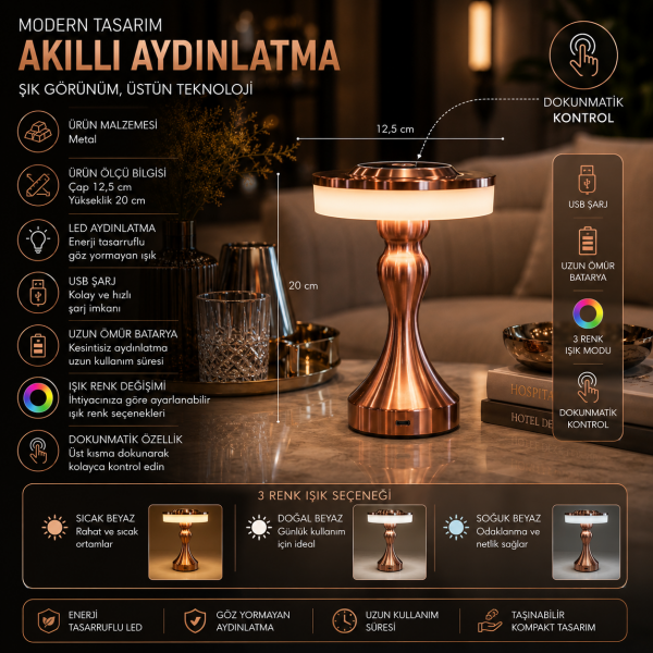 Karyatid Bronz Bakır Renk Şarjlı Masa Lambası Retro Kablosuz Dokunmatik LED Masa Komodin Üstü Aydın