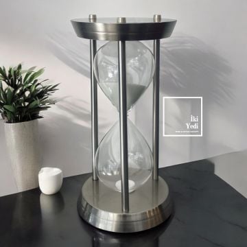 Anton 77-3 Krom Gri 60 Dakika Kum Saati, Büyük Cam Obje, Metal Masaüstü Ofis Hediyesi Aksesuar