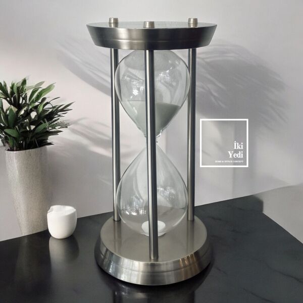 Anton 77-3 Krom Gri 60 Dakika Kum Saati, Büyük Cam Obje, Metal Masaüstü Ofis Hediyesi Aksesuar