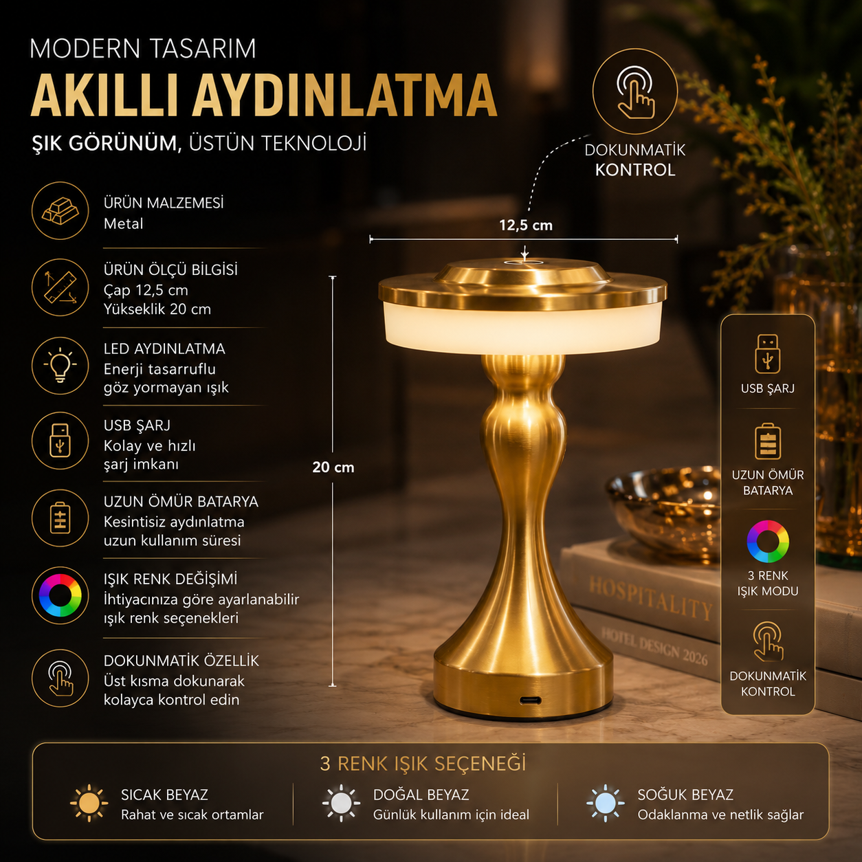 Karyatid Gold Kablosuz Masa Lambası Şarjlı Dokunmatik LED Masa Üstü Aydınlatma Hediyelij Ofis Lamba