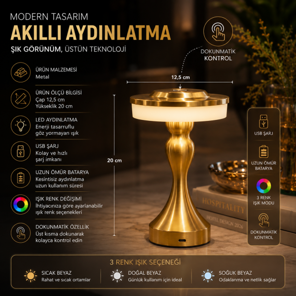 Karyatid Gold Kablosuz Masa Lambası Şarjlı Dokunmatik LED Masa Üstü Aydınlatma Hediyelij Ofis Lamba