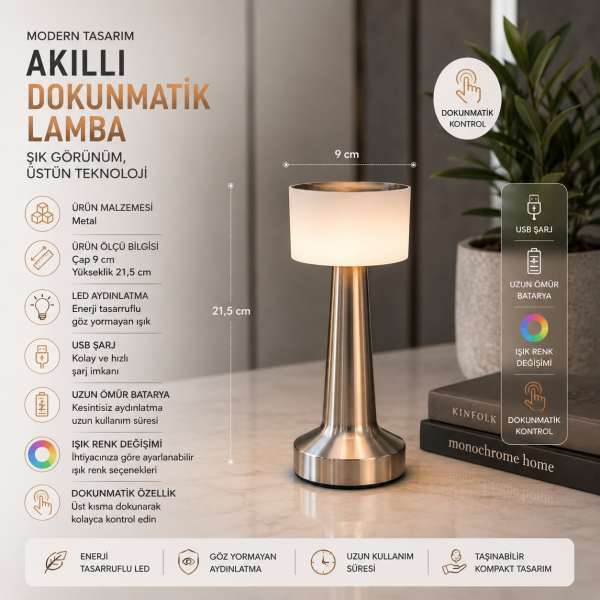 Konikra Gümüş Krom Şarjlı Masa Lambası Modern Kablosuz Dokunmatik LED Lamba Ofis Otel Cafe Hediye