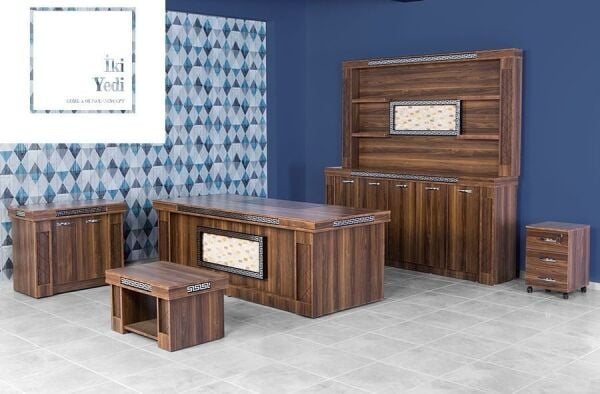 Moire Ledli Taş Panolu Üniteli Ağır Makam Oda Takımı Ofis Mobilyaları Büro Mobilyası Patron Masası Ceviz Yönetici