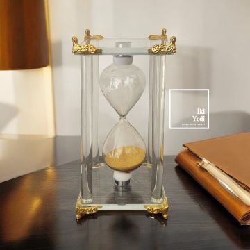 Sankoh Gold Metal Ayaklı Cam Kum Saati, 3 Dakika Şeffaf Dekoratif Obje, Ofis Masaüstü Hediyesi