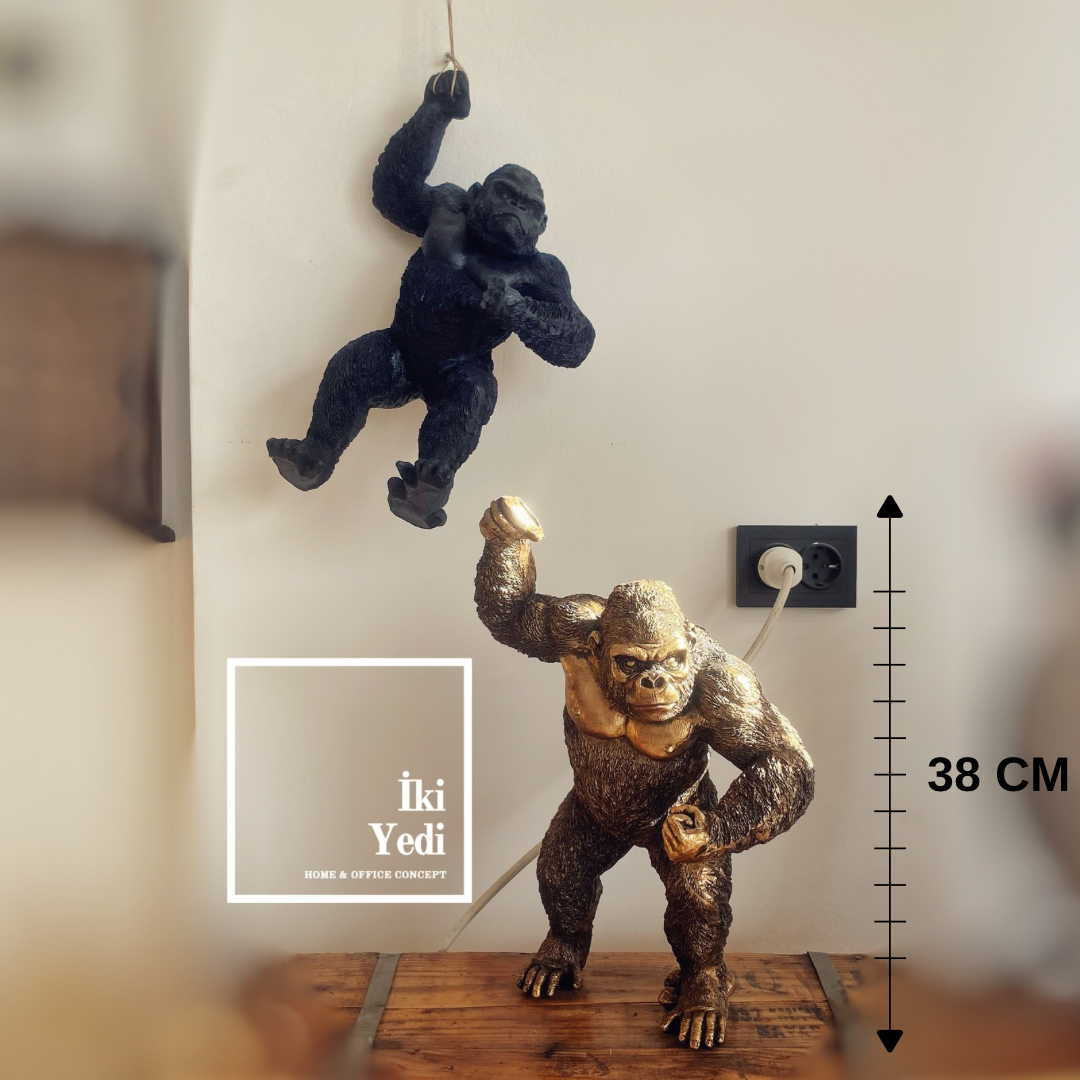 Kong Goril Heykeli Siyah ve Gold Hem Masa Konsol Üstü Hem Duvara Asma Dekor Hediyelik Objeler