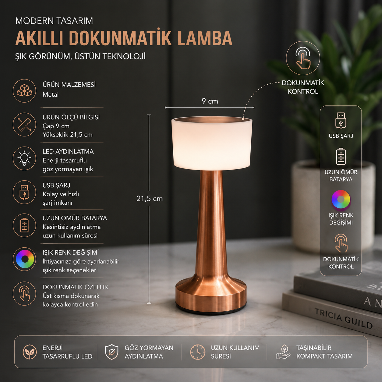 Konikra Bronz Bakır Kablosuz Masa Lambası Dokunmatik Şarjlı LED MasaÜstü Aydınlatma Hediyelik Ofis