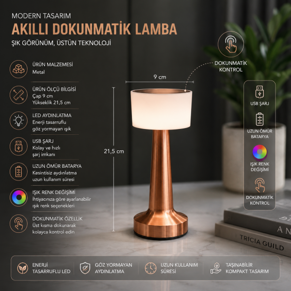Konikra Bronz Bakır Kablosuz Masa Lambası Dokunmatik Şarjlı LED MasaÜstü Aydınlatma Hediyelik Ofis