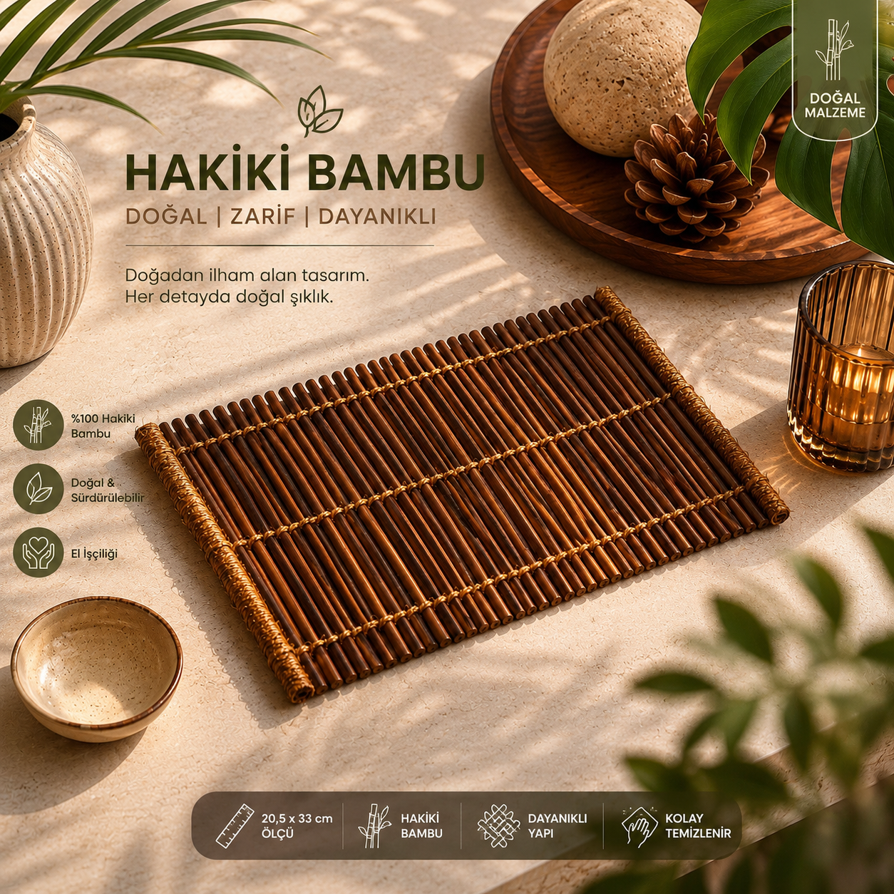 Aranya Hakiki Bambu Amerikan Servis Supla Doğal El İşçiliği Yemek Masası Servis Altlığı 20,5x33 cm