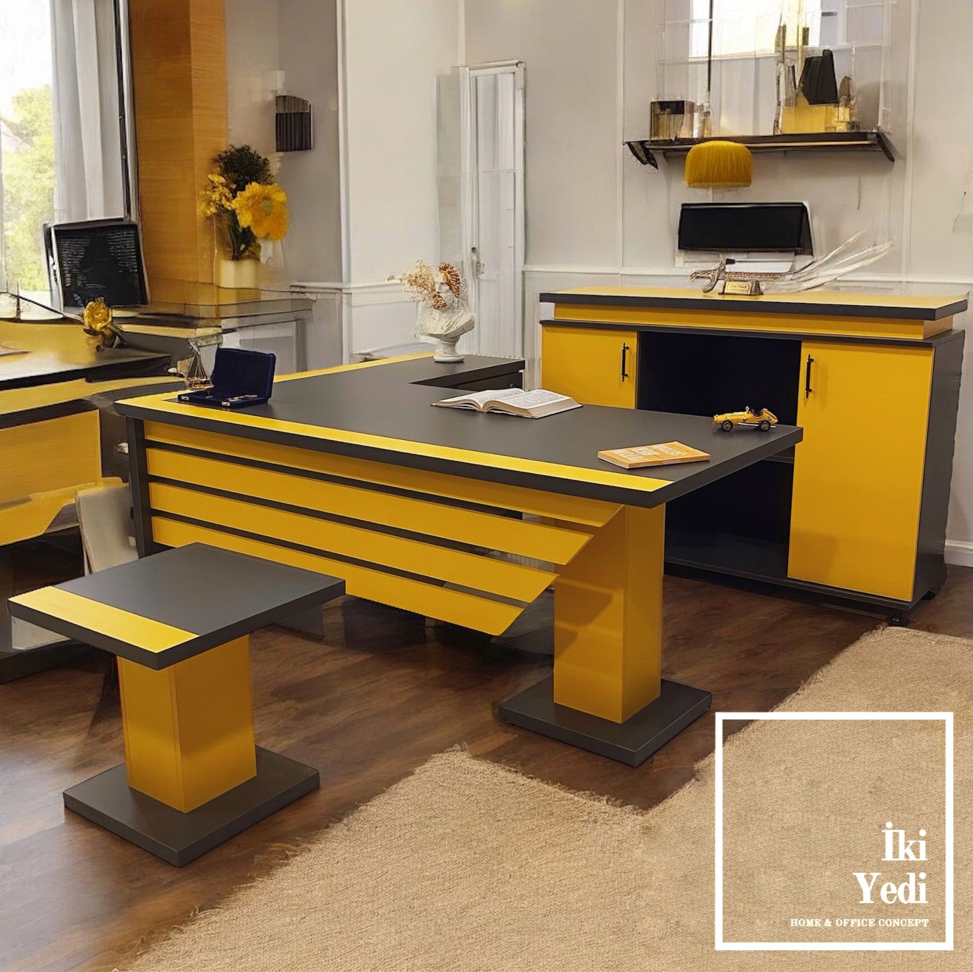 Cavalier Spor Model Modern Ofis Mobilyası Takımı Büro Yönetici Masası Seti Grup Renkli Sarı Antrasit Gri Mobilyalar Makam