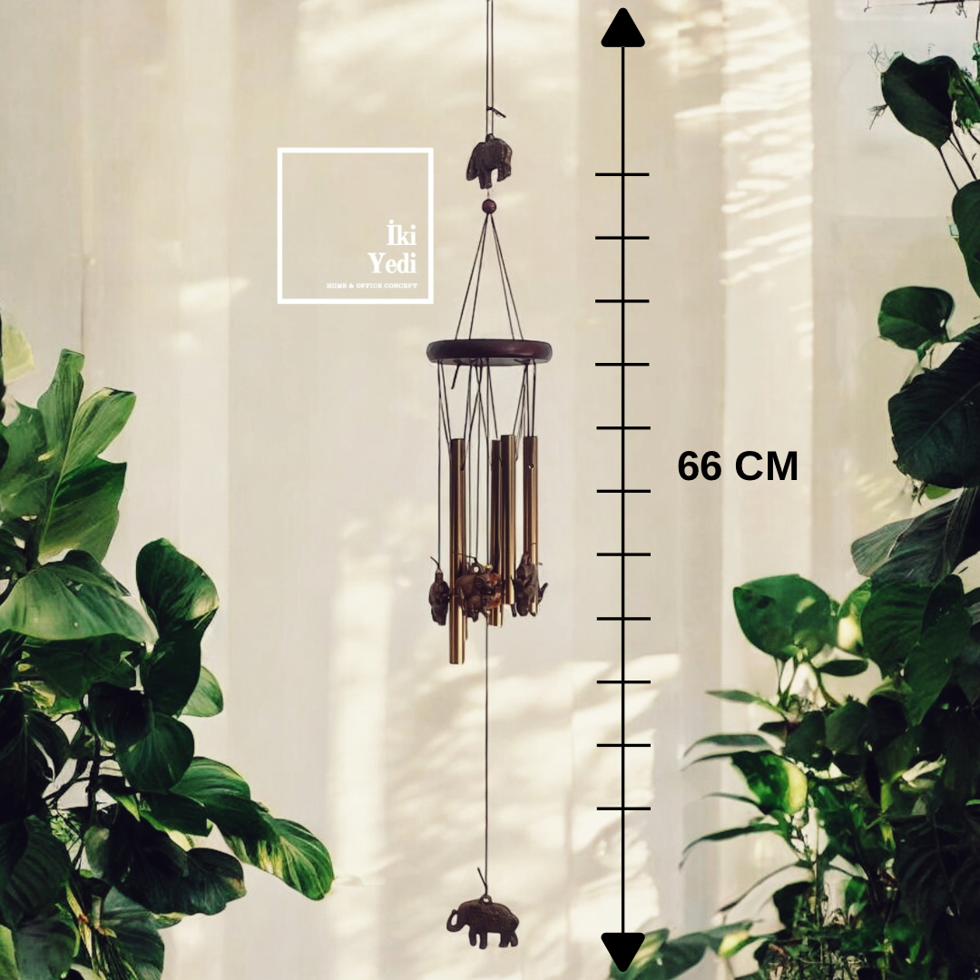 WB77-4 66 cm Fil Figürlü Bronz Rüzgar Çanı – Şans Simgeli Dekoratif Bahçe Balkon Çanı Hediyelik
